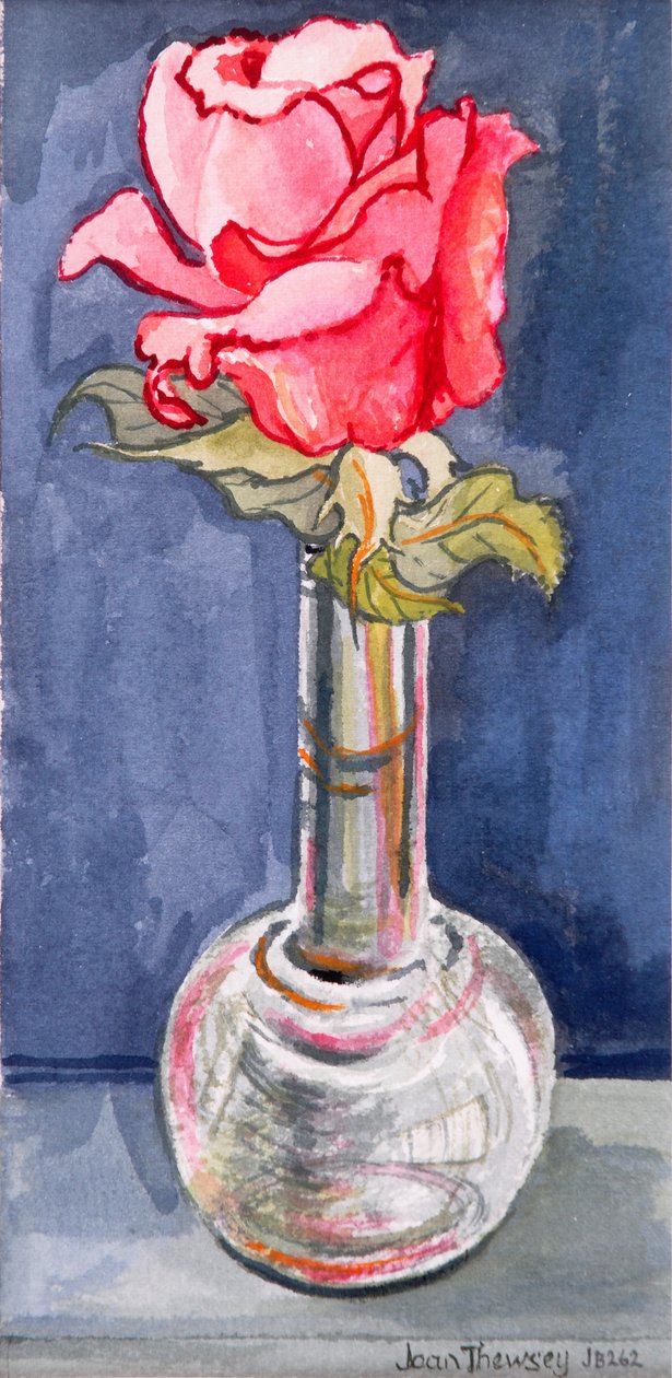 Rosa rose i knoppvase, 2000. Vannfarge på håndlaget papir av Joan Thewsey