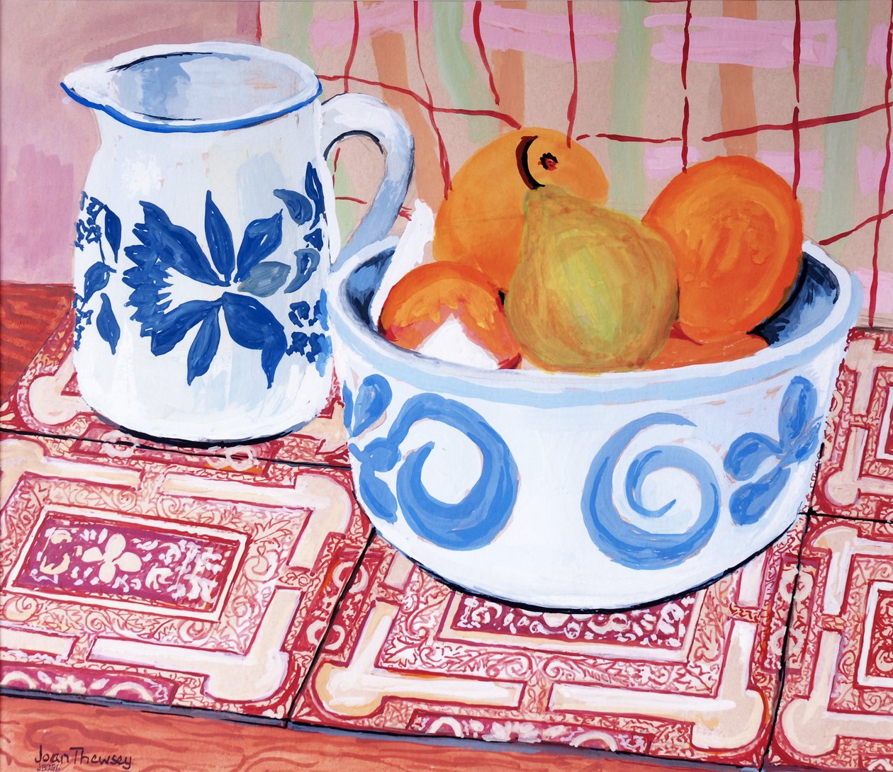 Stilleben; Blå og hvit skål og kanne; Gouache av Joan Thewsey