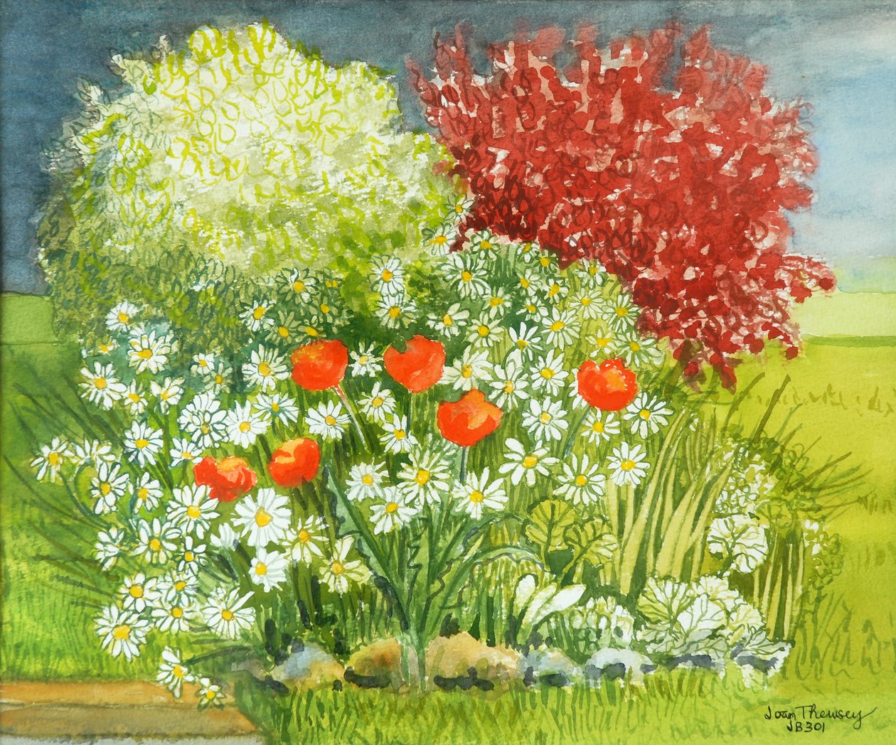 Suffolk Garden, Rain Coming, 2011, vannfarge av Joan Thewsey