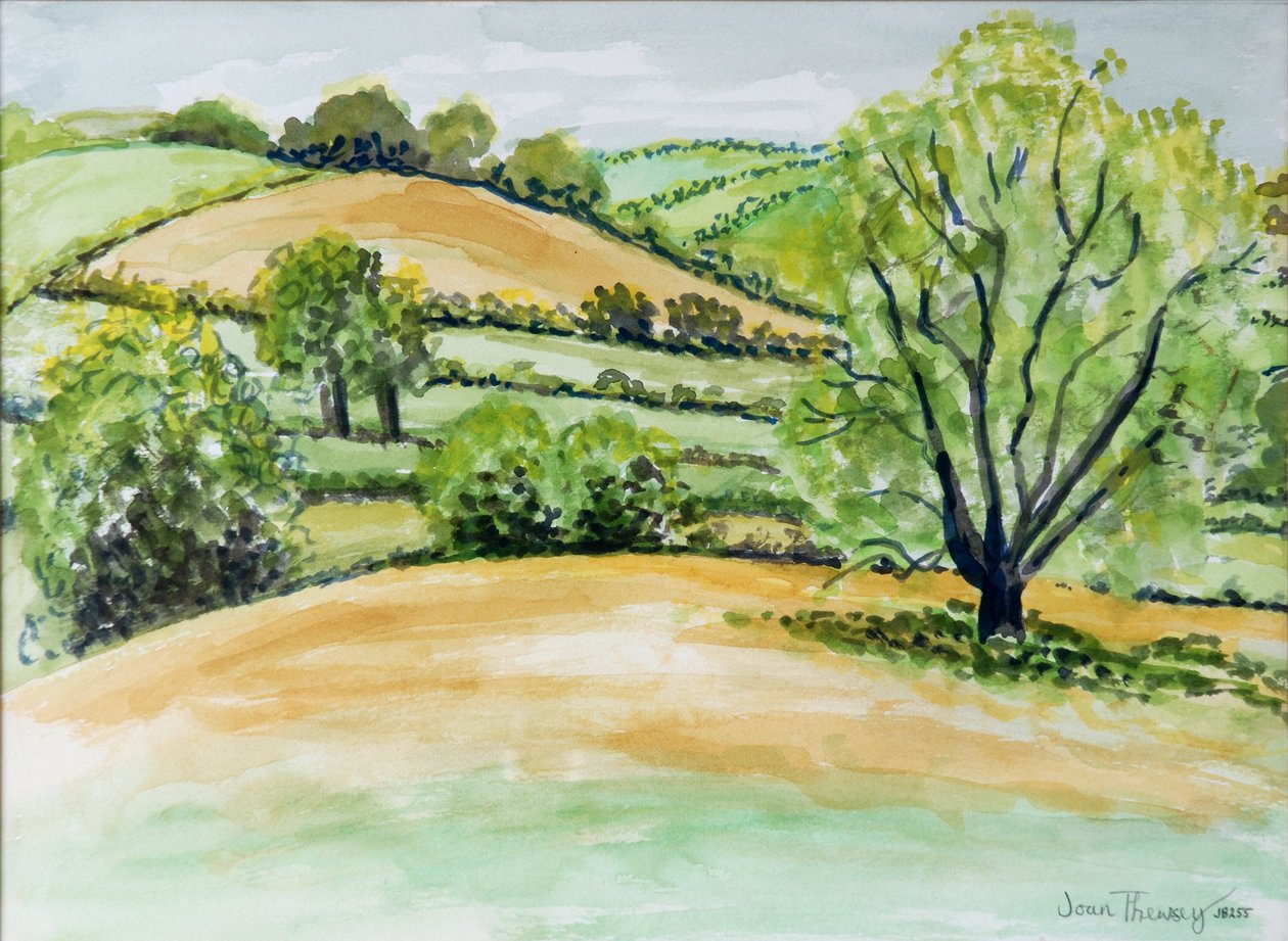 Suffolk Landscape, utsikt fra Dalham Church, 2011, vannfarge av Joan Thewsey
