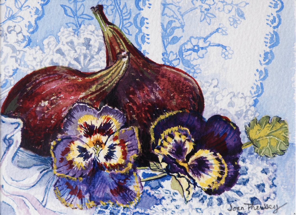 To fikener med stemorsblomster, 2002,(wc på håndlaget papir) av Joan Thewsey