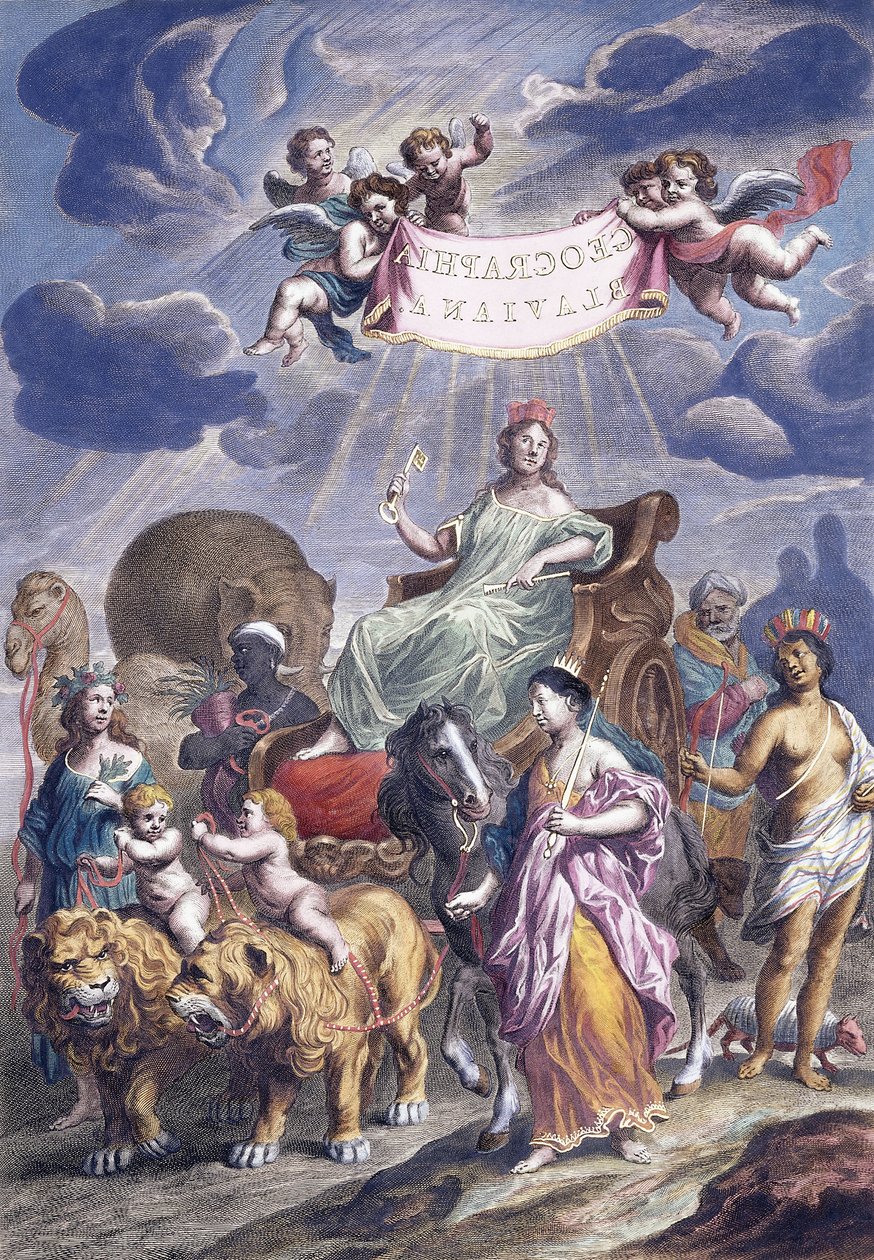 En allegorisk plate med tittel, Geographia Blaviana, ca. 1662-1667 av Joan Blaeu