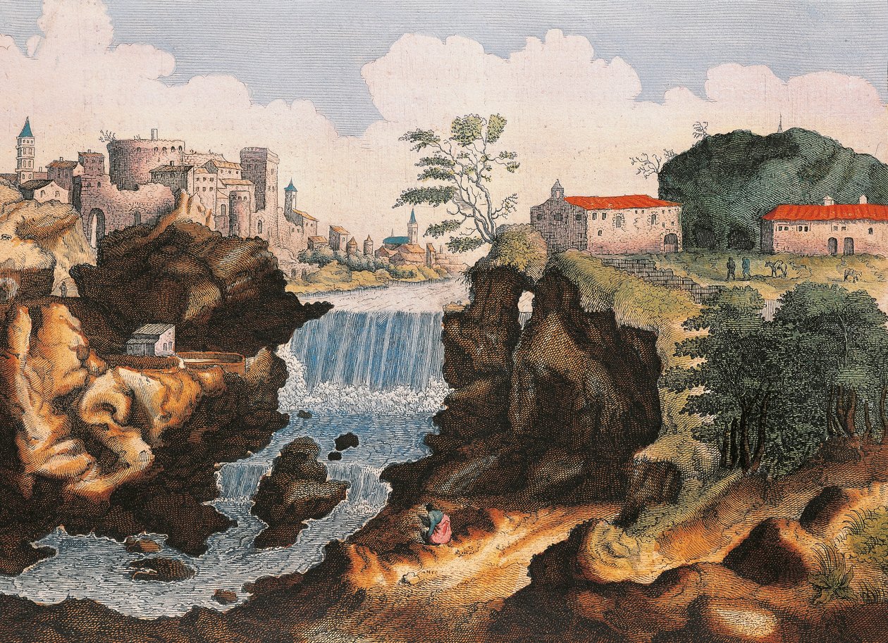 Aniene-fossen i Tivoli (Roma), Fra Italias underverker, av Joan Blaeu, maleri av Joan Blaeu