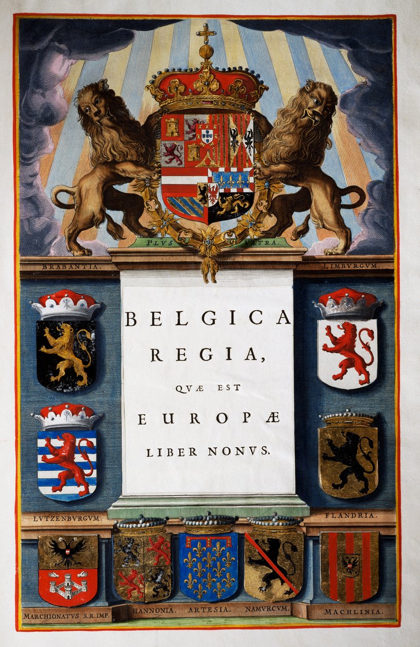 Belgica Regua quae est Europae, bok IX, tittelside til bind IV, fra Atlas Maior, atlas i 11 bind, av Joan Blaeu (1596-1673), kobberstikk, 57,5x39 cm, Amsterdam av Joan Blaeu