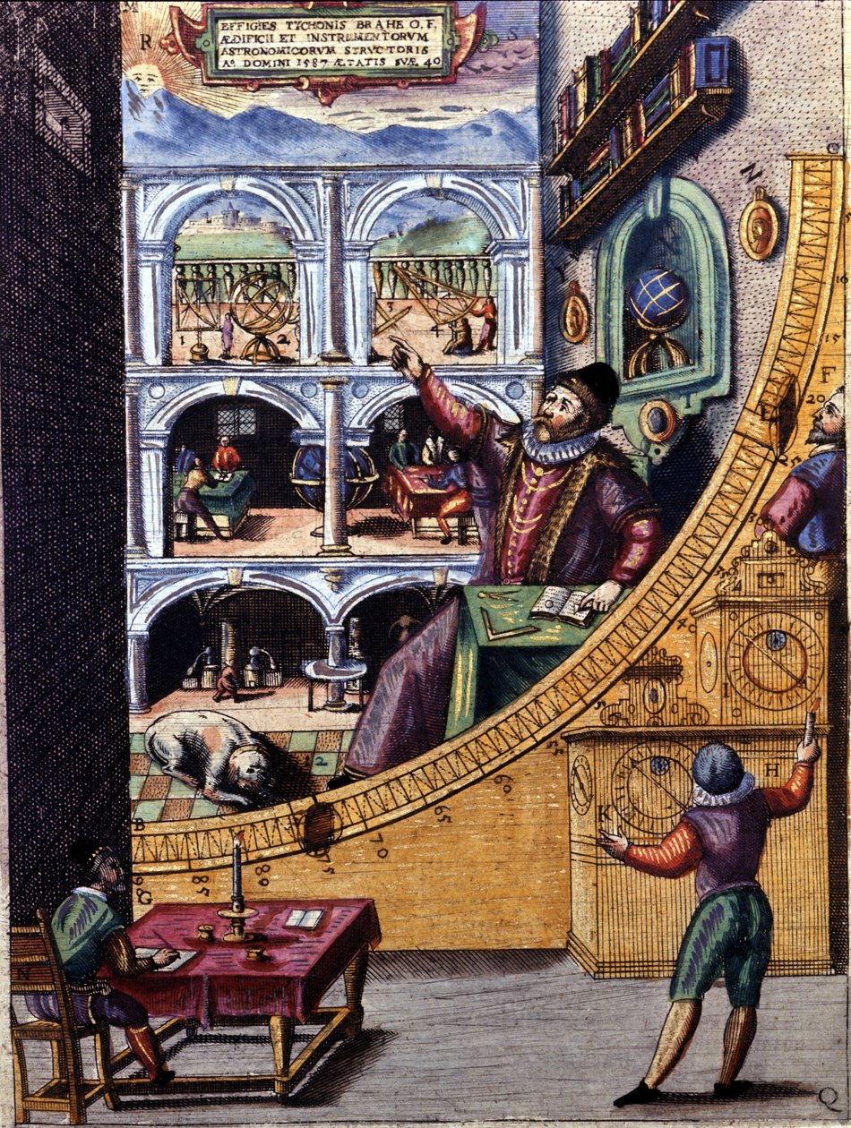 Den danske astronomen Tycho Brahe (1546 - 1601) i sitt observatorium i Uranienburg - fargegravering av Atlas Major Ssive og kosmografert Blavania labores og sumptibus av Johannis Blaev av Joan Blaeu