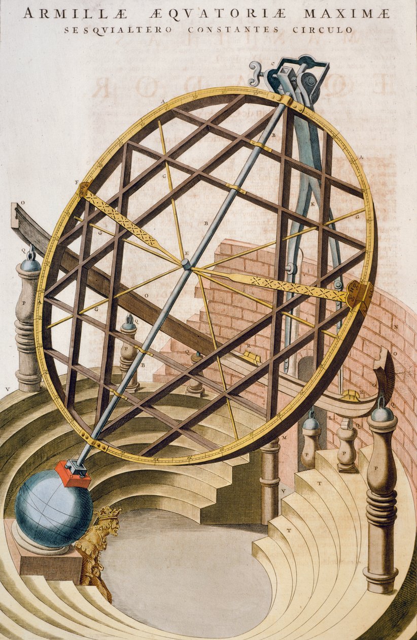 Stor ekvatorial armillarkule designet av Tycho Brahe, illustrasjon fra Le grand atlas ou Cosmographie blaviane (Atlas Maior), av Joan Blaeu, gravering, Nederland av Joan Blaeu