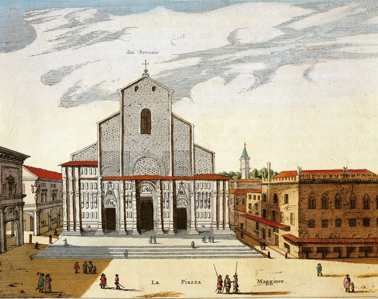 Italia, Bologna, San Petronio-katedralen i VeNice, trykk av Joan Blaeu