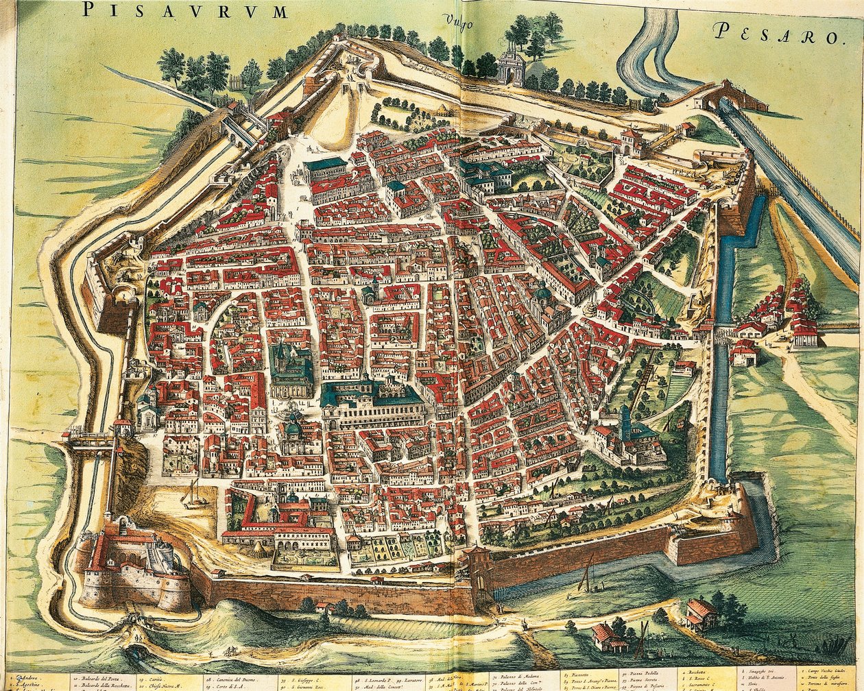 Italia, kart over Pesaro, fra Theatre of the City and the Wonders of Italy av Joan Blaeu, gravering av Joan Blaeu