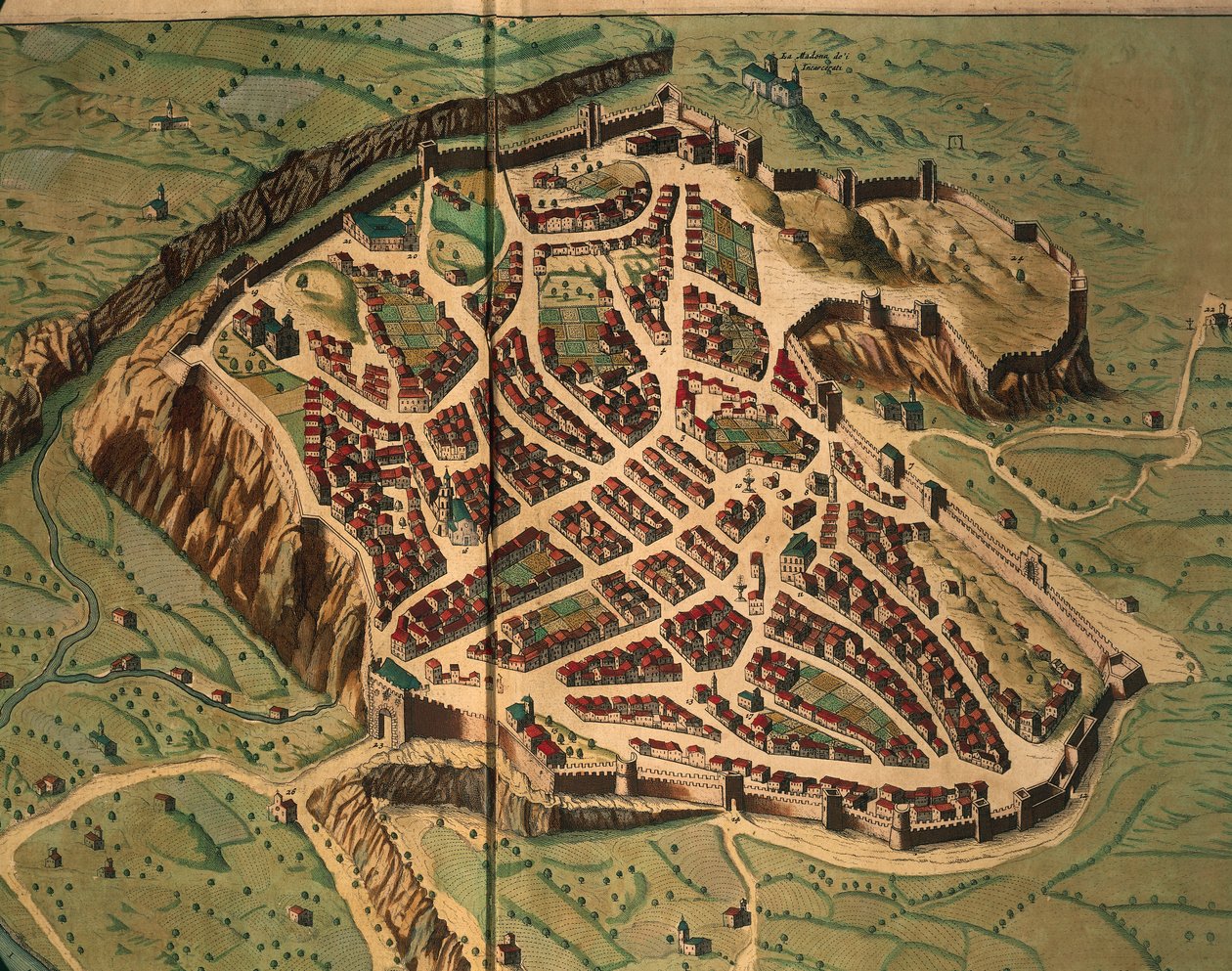 Kart over Acquapendente fra The Theatre of the City and Wonderful Italy av Joan Blaeu, gravering av Joan Blaeu