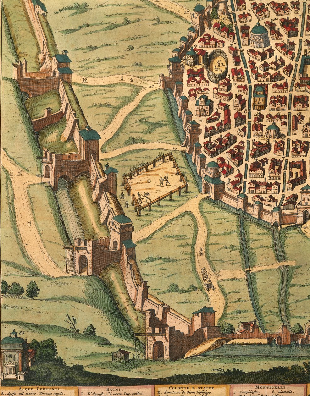 Kart over Bologna, fra Theatre of the City of Italy, detalj av Joan Blaeu, gravering av Joan Blaeu