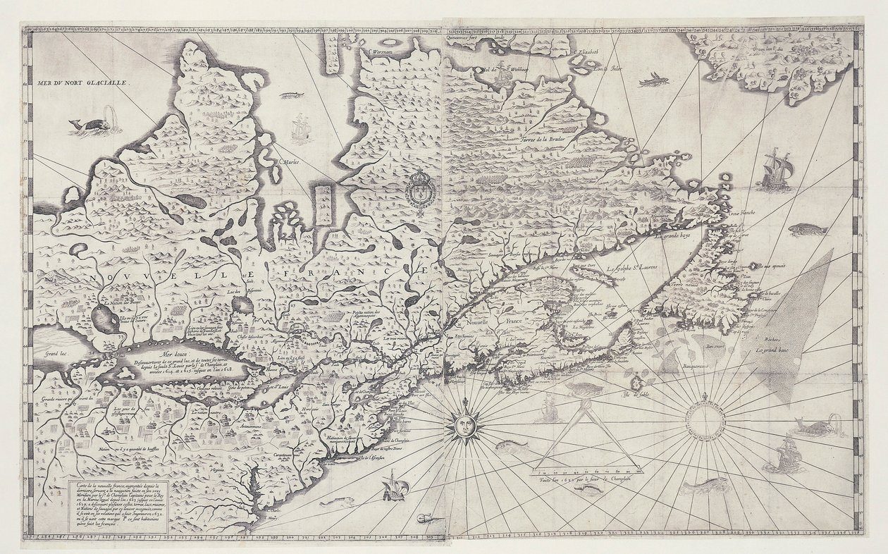 Kart over Canada, gravering fra undersøkelse av Samuel de Champlain av Joan Blaeu