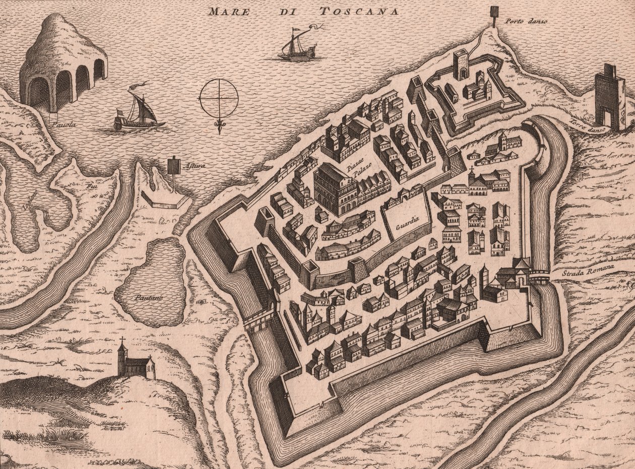 Kart over Nettuno, Lazio, Italia, kobberstikk, ca 248x198 cm av Joan Blaeu