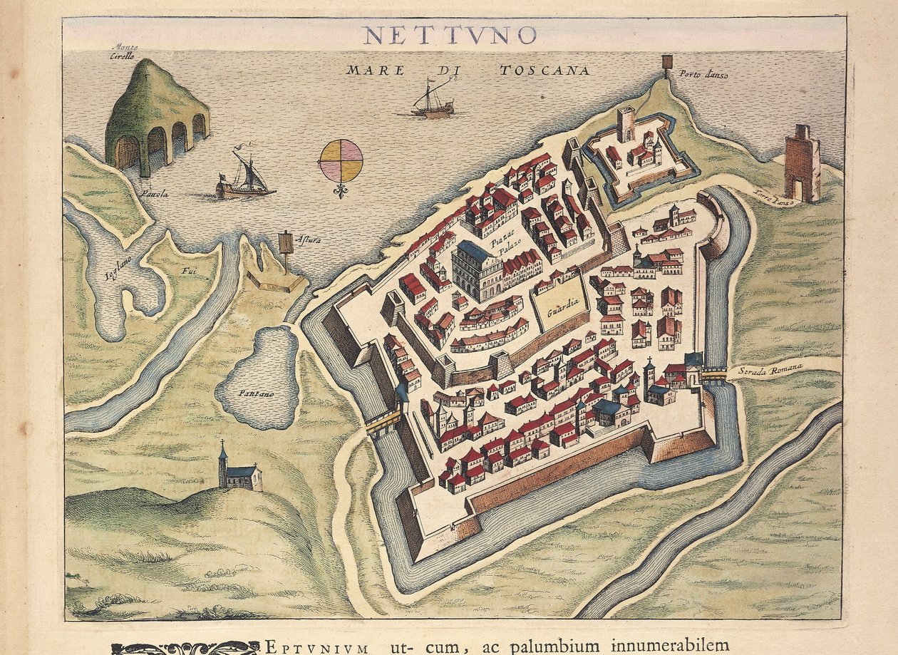 Kart over Nettuno, fra Theatrum civitatum et admirandorum Italiae, av Joan Blaeu, gravering av Joan Blaeu