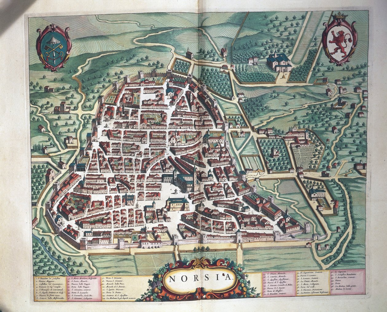 Kart over Norcia, fra Theatrum civitatum et admirandorum Italiae av Joan Blaeu, gravering av Joan Blaeu