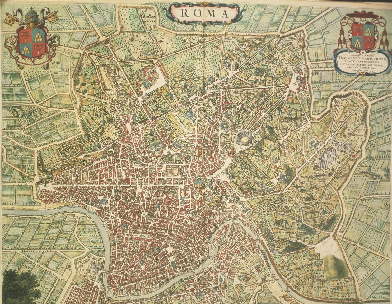 Kart over Roma, gravering fra Theatrum civitatum et admirandorum Italiae av Joan Blaeu, trykt i Italia av Joan Blaeu
