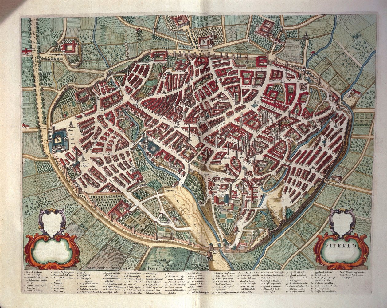 Kart over Viterbo fra teateret til Italias byer og underverk, av Joan Blaeu, gravering av Joan Blaeu