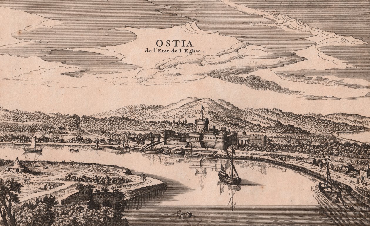 Perspektiv utsikt over Ostia by og havn, Lazio, Italia, kobbergravering, ca 278x173 cm av Joan Blaeu