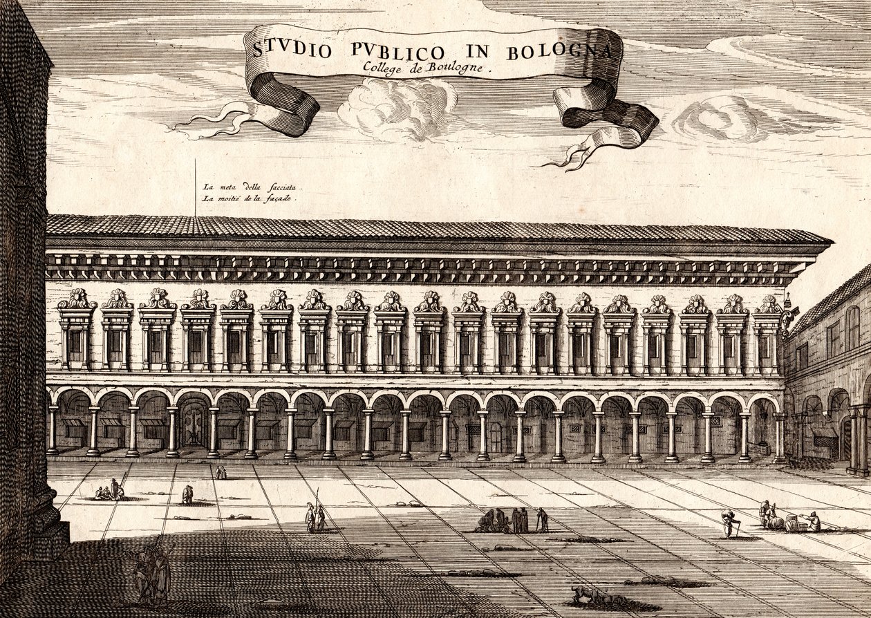 Archiginnasio-palasset, Bologna, Emilia-Romagna, Italia, kobberstikk, ca 21x29 cm av Joan Blaeu