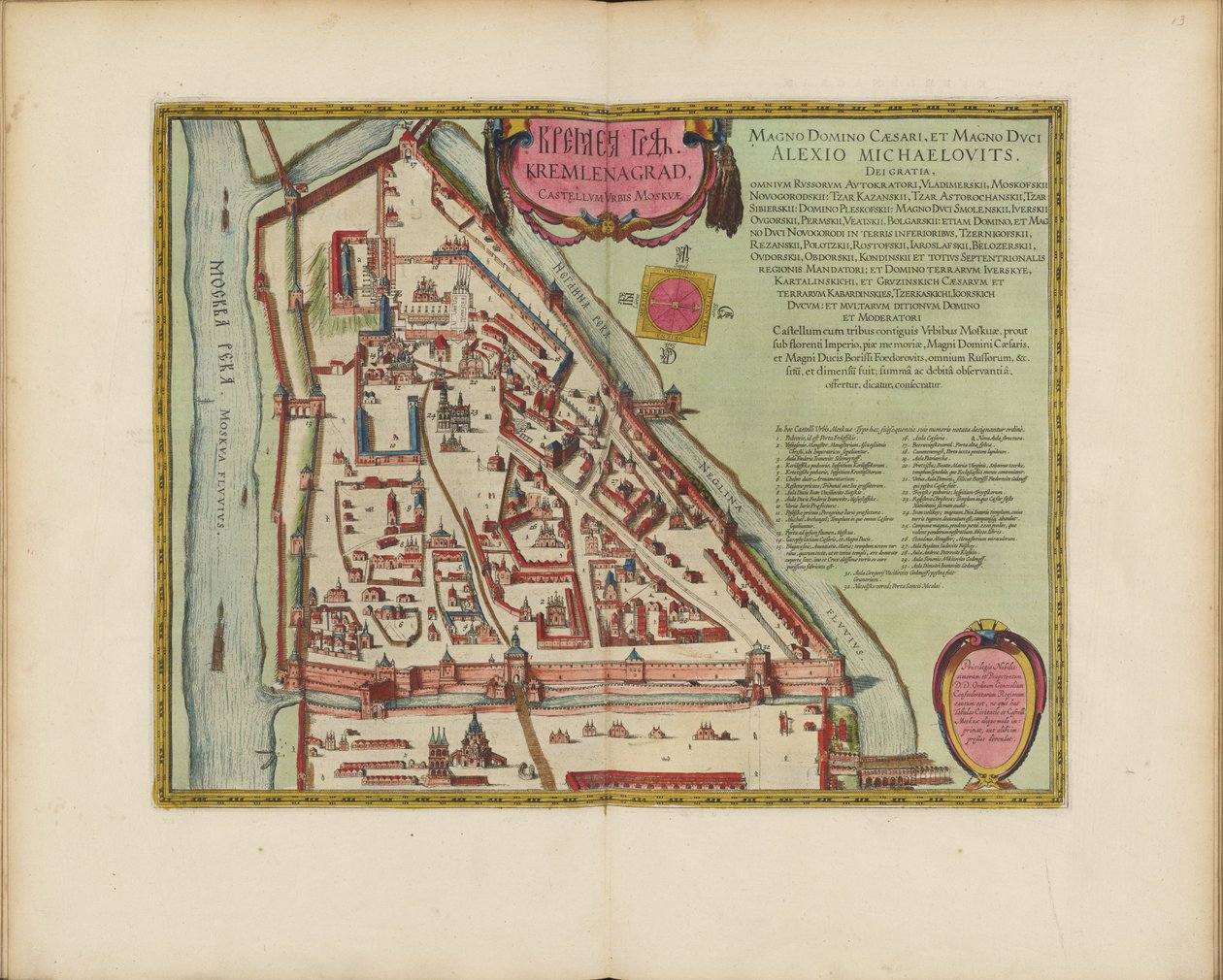 Moskva Kreml-kartet fra 1500-tallet (Castellum Urbis Moskvae), ca. 1600 (gravering og akvarell) av Joan Blaeu