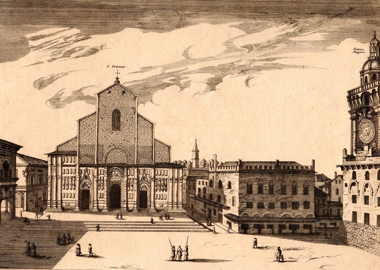 San Petronio-basilikaen på Piazza Maggiore, Bologna, Emilia-Romagna, Italia, kobberstikk, ca 21x29 cm av Joan Blaeu