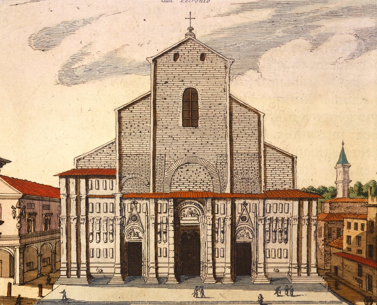 Basilikaen San Petronio i Bologna, av Joan Blaeu (1596-1673), trykk fra Theatrum Civitatum et Admirandorum Italiae, Italia av Joan Blaeu
