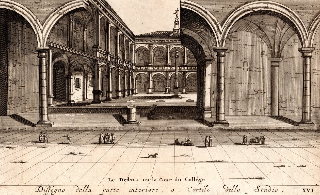 Den indre gårdsplassen til Archiginnasio-palasset, Bologna, Emilia-Romagna, Italia, kobberstikk, ca 21x29 cm av Joan Blaeu