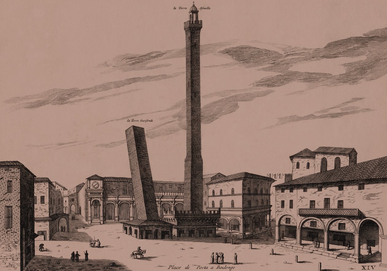 De to tårnene (Asinelli og Garisenda), Bologna, Bologna, Emilia-Romagna, Italia, kobberstikk, ca 21x29 cm av Joan Blaeu