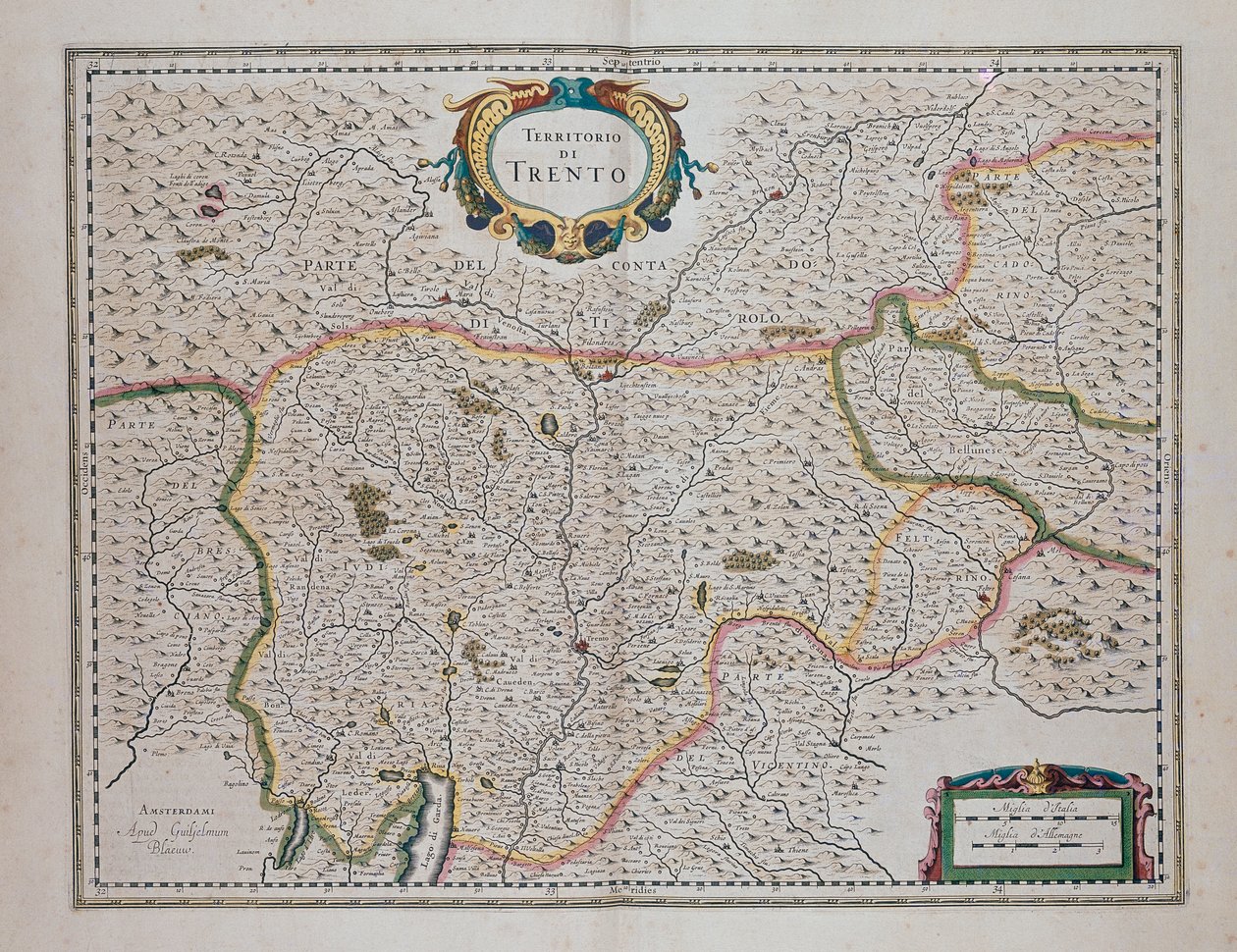 Trento-området, fra Theatre of World, eller New Atlas of Maps and Representations of All Regions (Theatrum orbis terrarum, sive, Atlas novus) av Joan Blaeu (1596-1673), Italia av Joan Blaeu