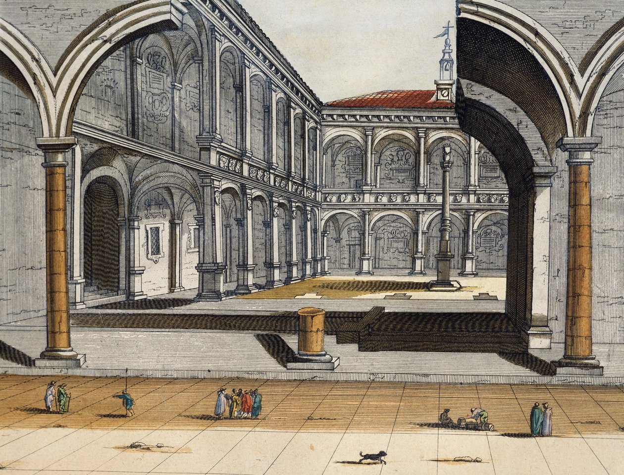 Utsikt over den indre gårdsplassen til det gamle universitetet i Bologna, Joan Blaeu, gravering, Italia av Joan Blaeu
