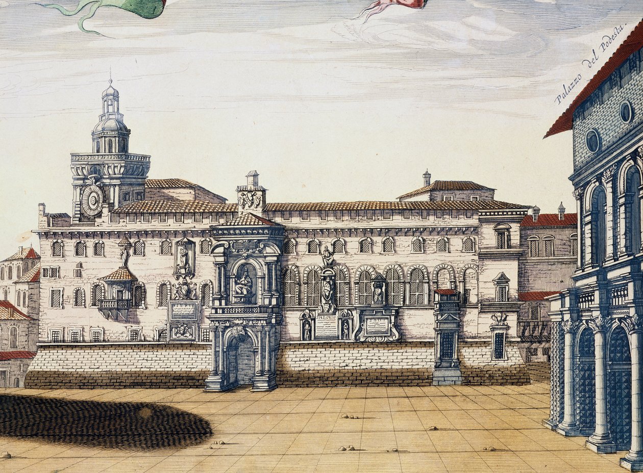 Utsikt over det gamle torget i Bologna, gravering av Giacomo Lauro og Joan Blaeu fra Theatre of the Cities and Wonders of Italy, utgitt i Amsterdam i 1663 av Joan Blaeu
