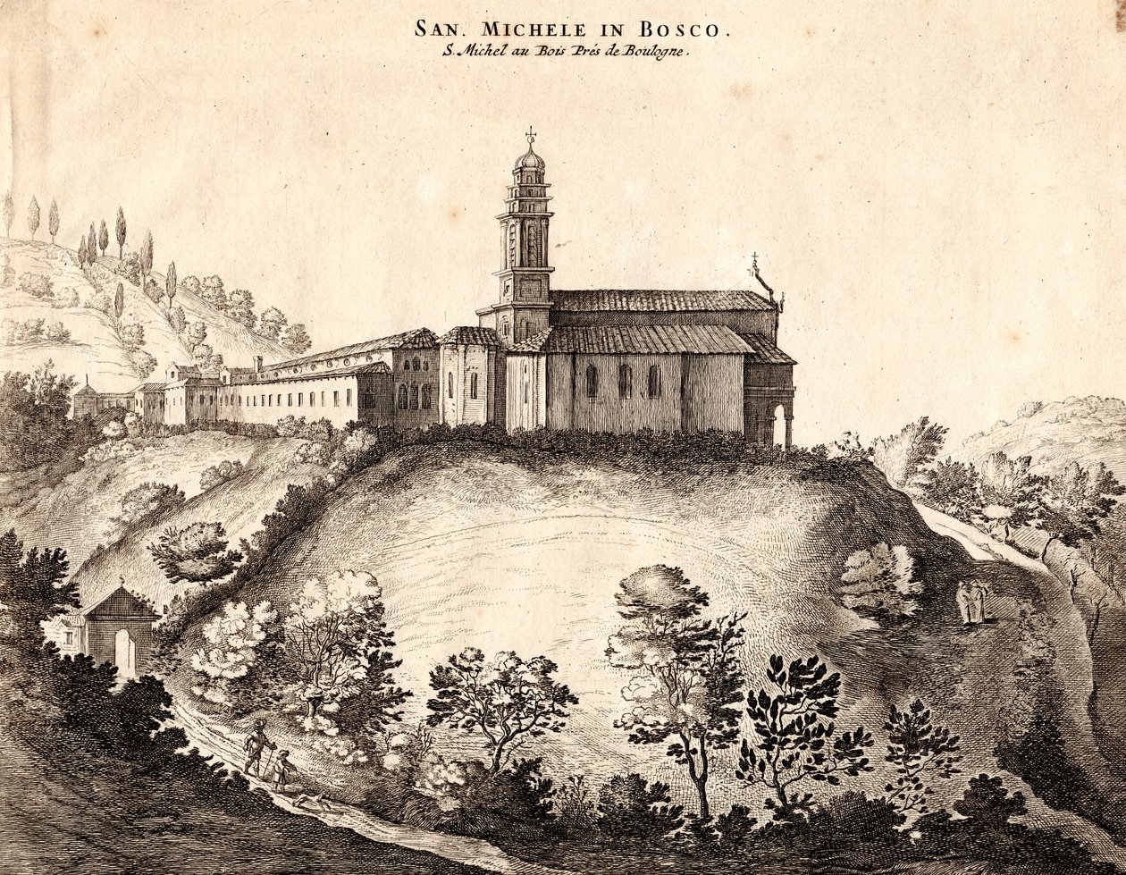 Utsikt over San Michele i Bosco-klosteret, Bologna, Emilia-Romagna, Italia, kobberstikk, ca 21x29 cm av Joan Blaeu