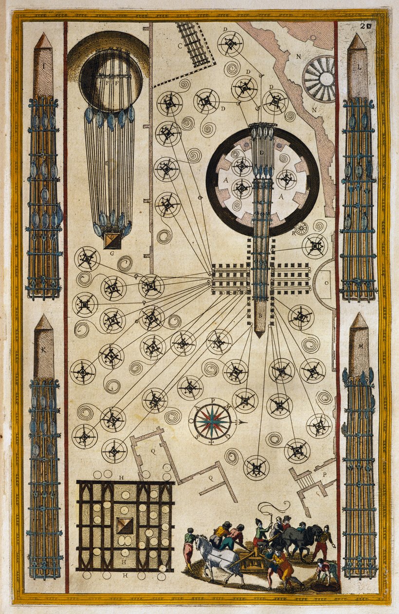 Vinsjer for å flytte obelisk, gravering fra The Theatre of the City and the Wonders of Italy, av Joan Baleu (1596-1673) av Joan Blaeu