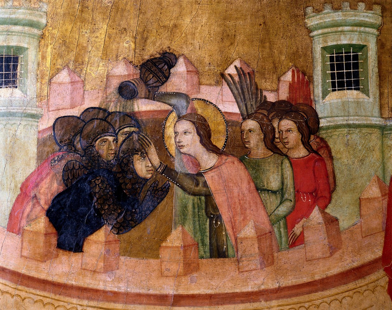 Saint Quiteria døper soldater, altertavle av Saint Quiteria, ca. 1346 (tempera på panel) av Joan Loert