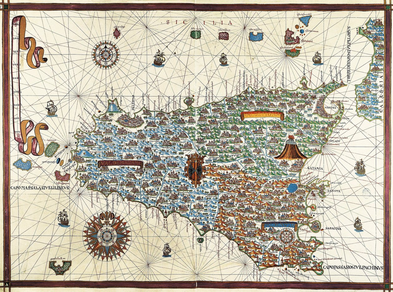 Isle of Sicilia. (Sicilia) Navigasjonskart over Joan Martines (1556-1591) av Joan Martines