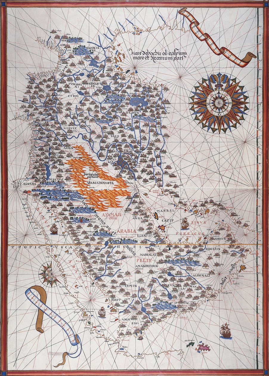 Kart over den arabiske halvøy, med vindrose og detaljer om havner og havkyster, i Atlas de Joan Martines av Joan Martines