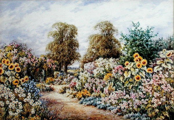 Garden Borders (akvarell på papir) av Joan Molyneaux Stannard