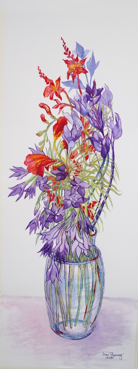 Agapanthus campanulatus og Crocosmia, 2015, akvarell på håndlaget papir av Joan Thewsey