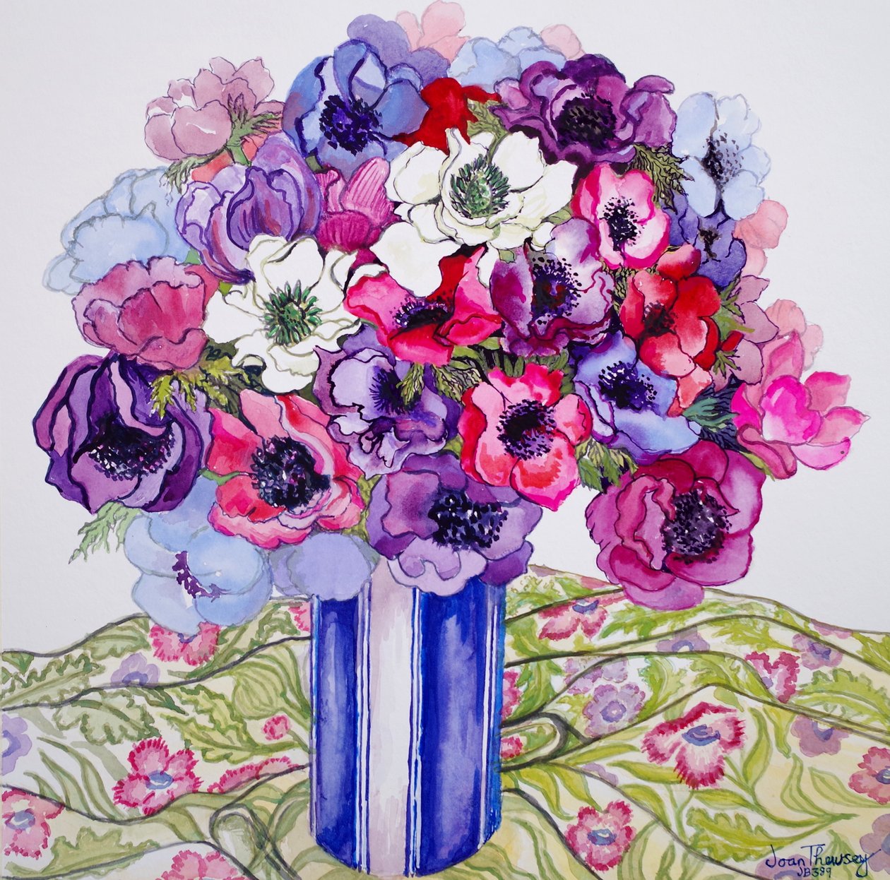 Anemoner i en Striped Pot, 2015, akvarell på håndlaget papir av Joan Thewsey
