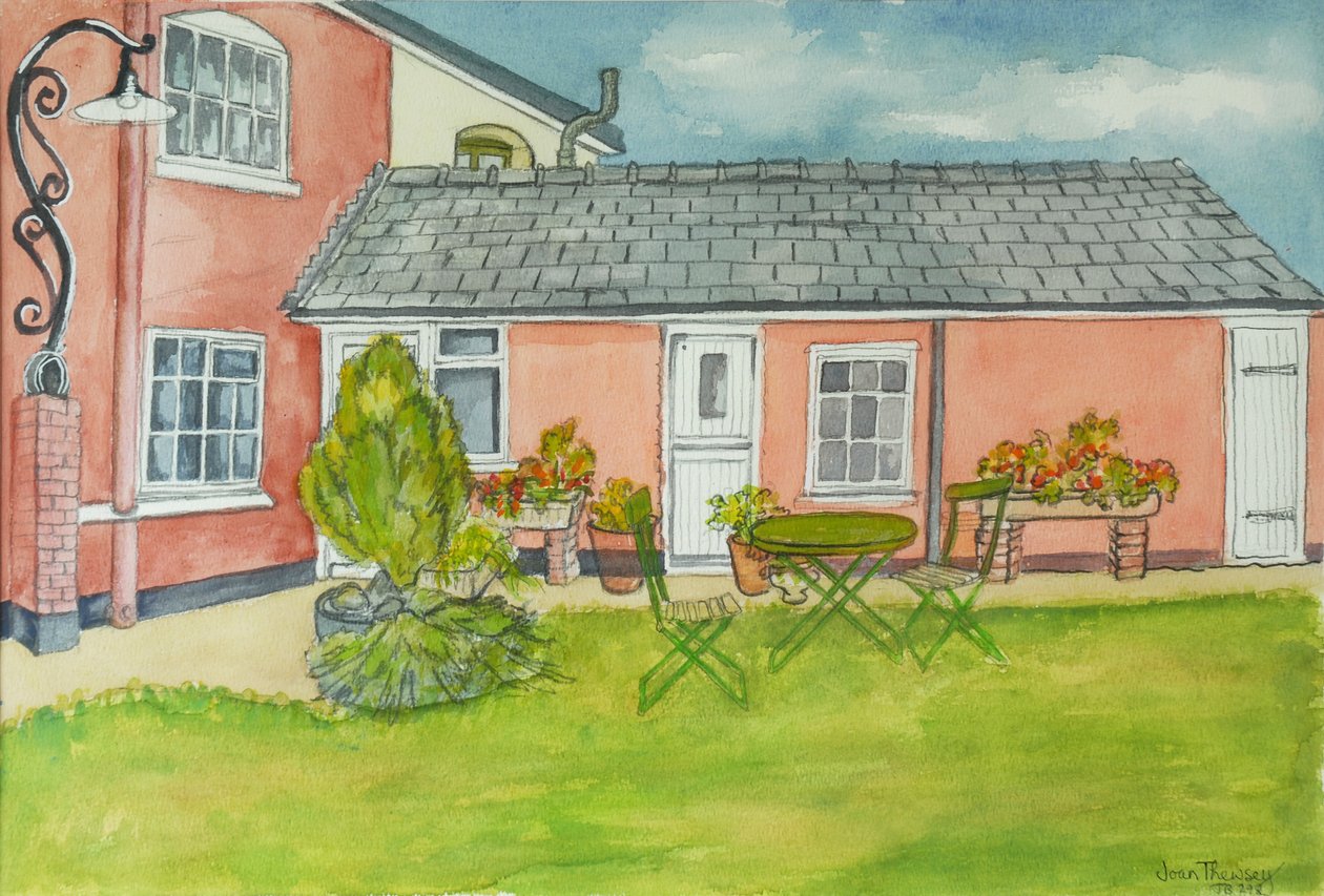 Back Garden, Red Cottage Studios, Suffolk, 2000 blyant med vannfargevask av Joan Thewsey