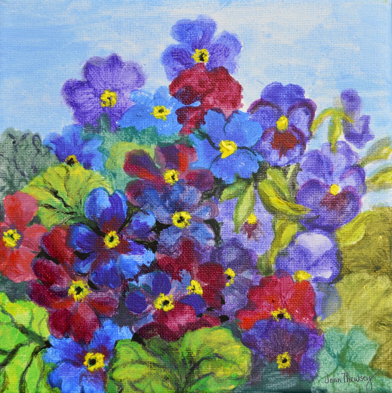Blue Primroses, 2017, (akryl) av Joan Thewsey