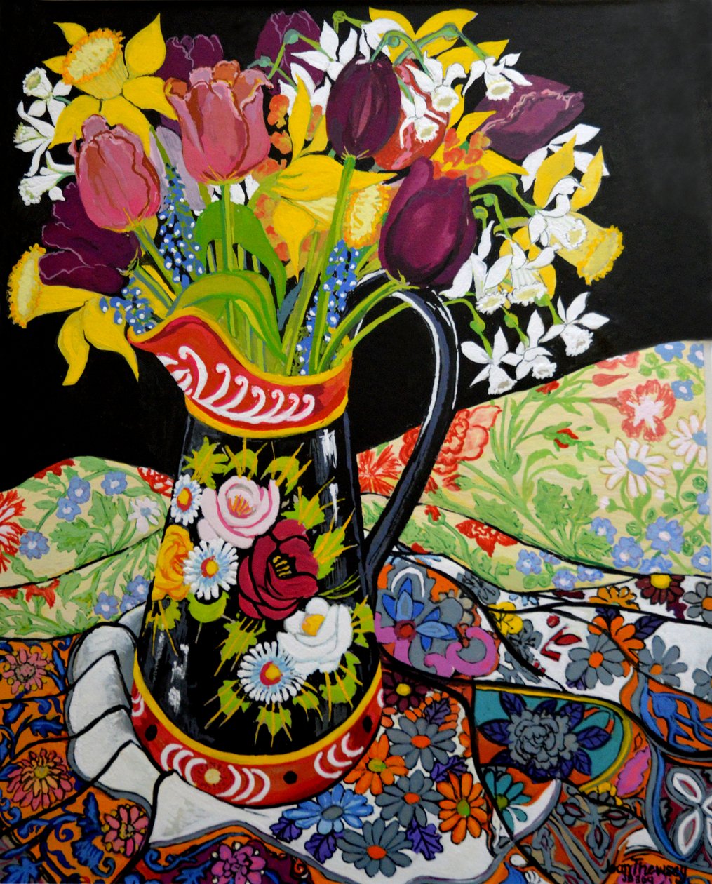 Kanalbåtmugge, påskeliljer og tulipaner, 2005 (gouache) av Joan Thewsey