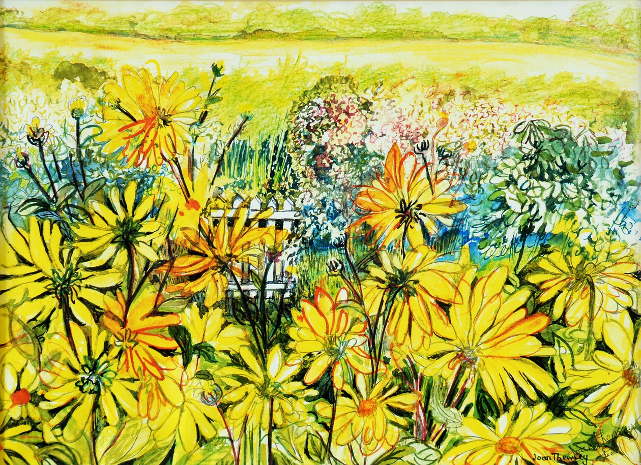 Cottage Gate sett gjennom Sun Daisies, 2005, (vannfarge) av Joan Thewsey