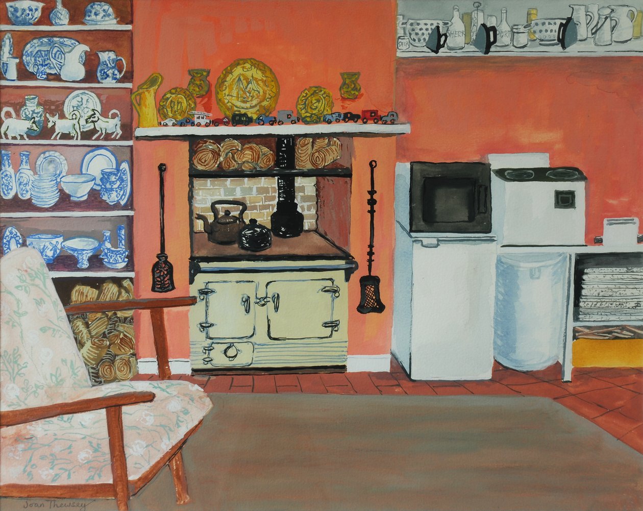 Cottage Kitchen, Red Cottage Studios, Suffolk med Rayburn, 2000, gouache av Joan Thewsey