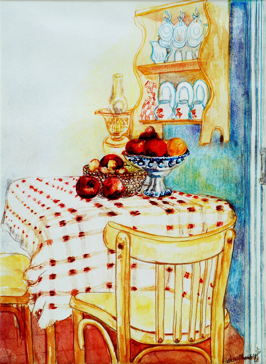 Cottage Kjøkkenbord med epler, 2005,(vannfarge) av Joan Thewsey