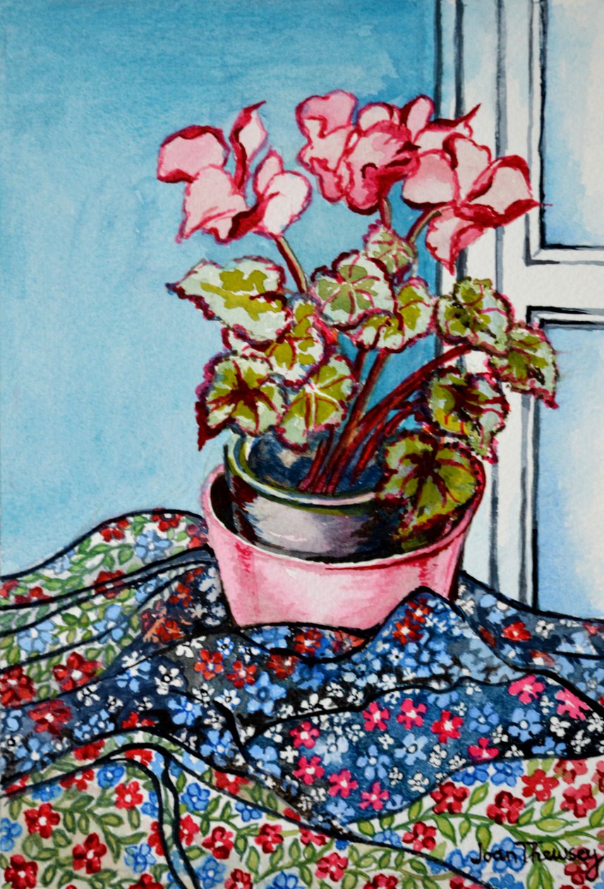 Cyclamen med mønstrede stoffer, 1999 av Joan Thewsey