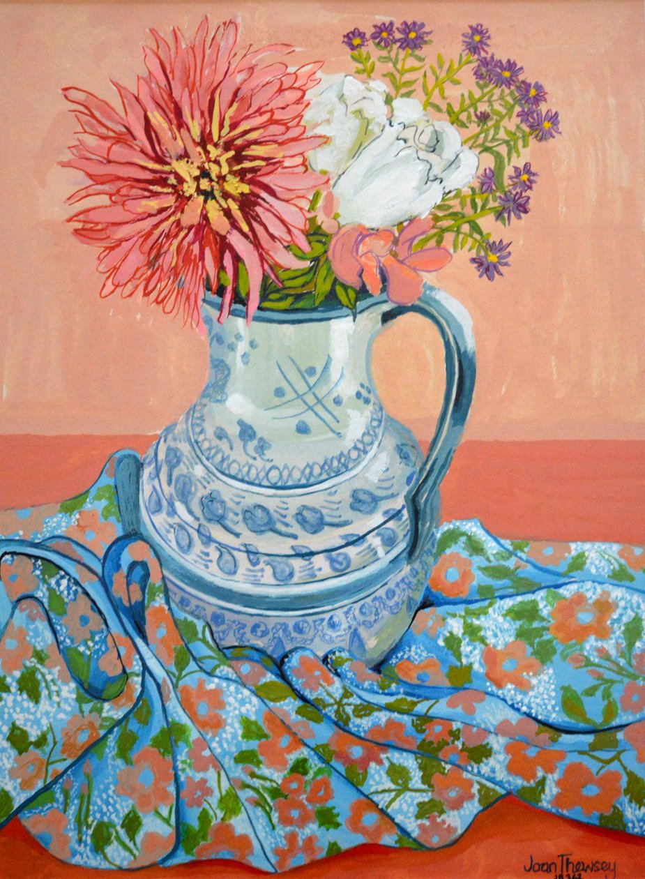 Dahlias, Roses and Michaelmas Tusenfryd, 2000, av Joan Thewsey