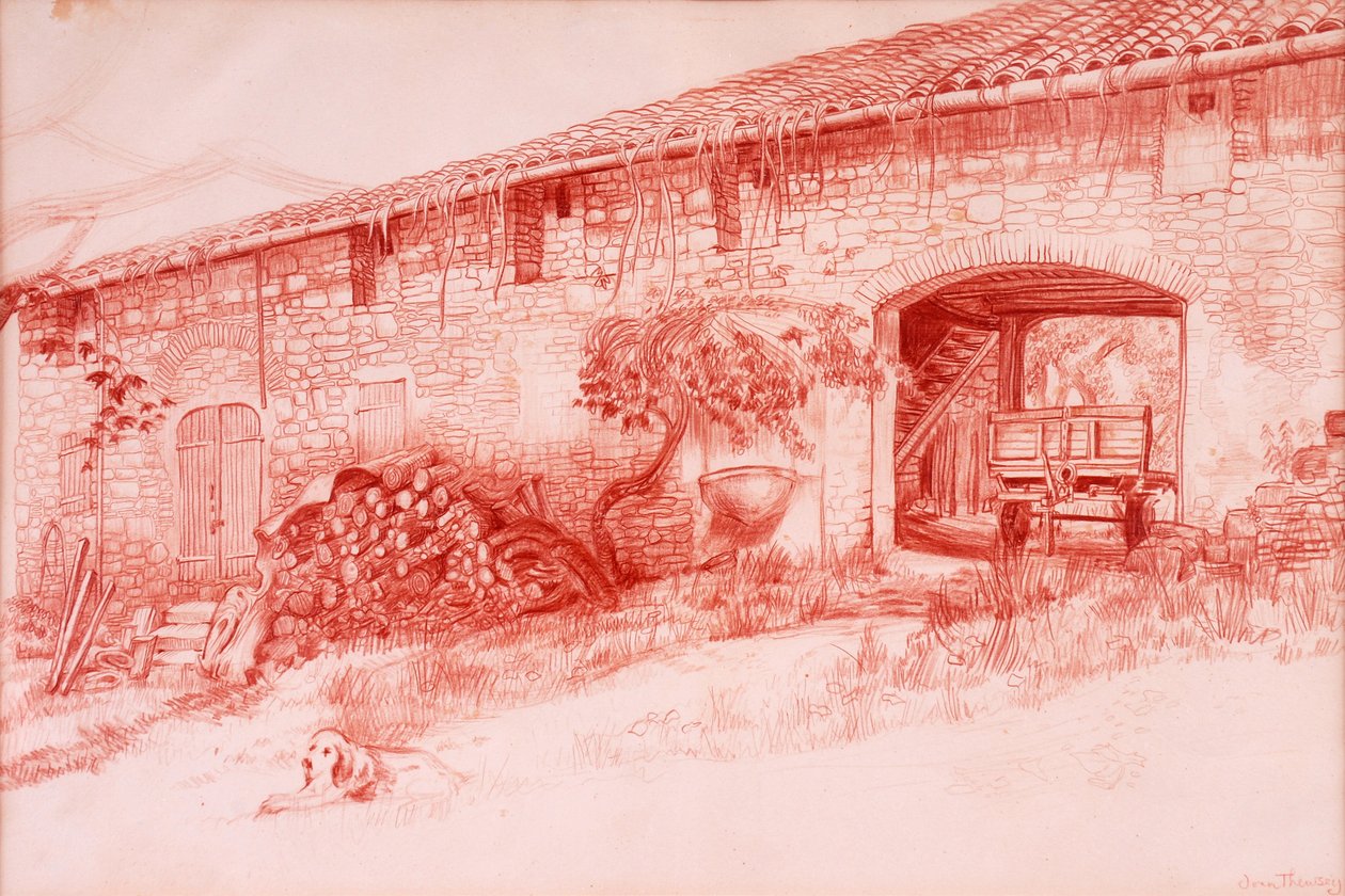 Våningshus, Provence, 2000, Terra cotta conte` blyant av Joan Thewsey