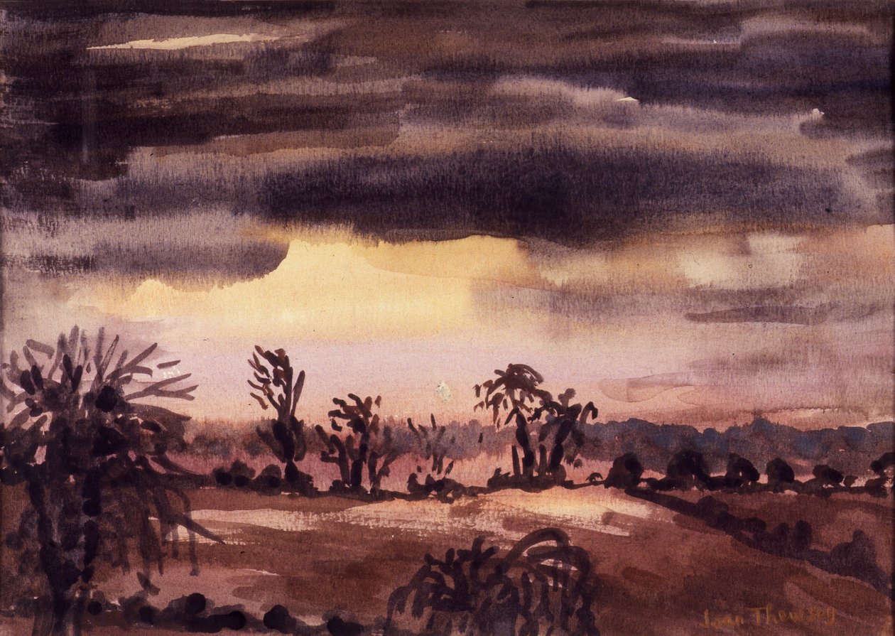 Fields in a Winter Dusk, 1992, vannfarge på håndlaget papir av Joan Thewsey