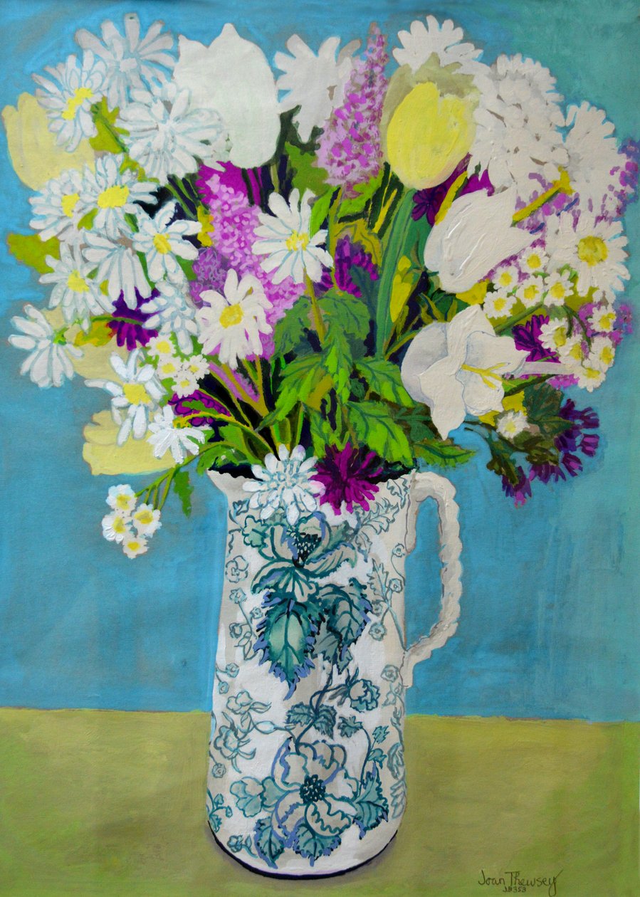 Blomster i en kanne, turkis dekorasjon, 2011, av Joan Thewsey