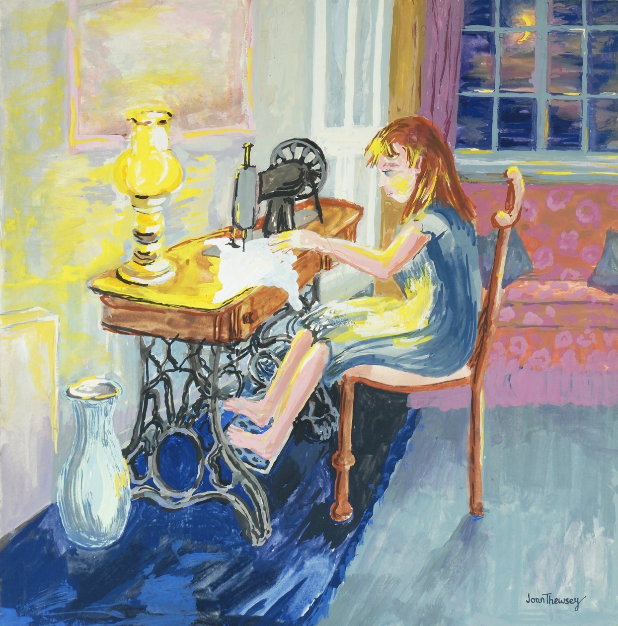 Girl Sewing, 2000, olje på lerret av Joan Thewsey
